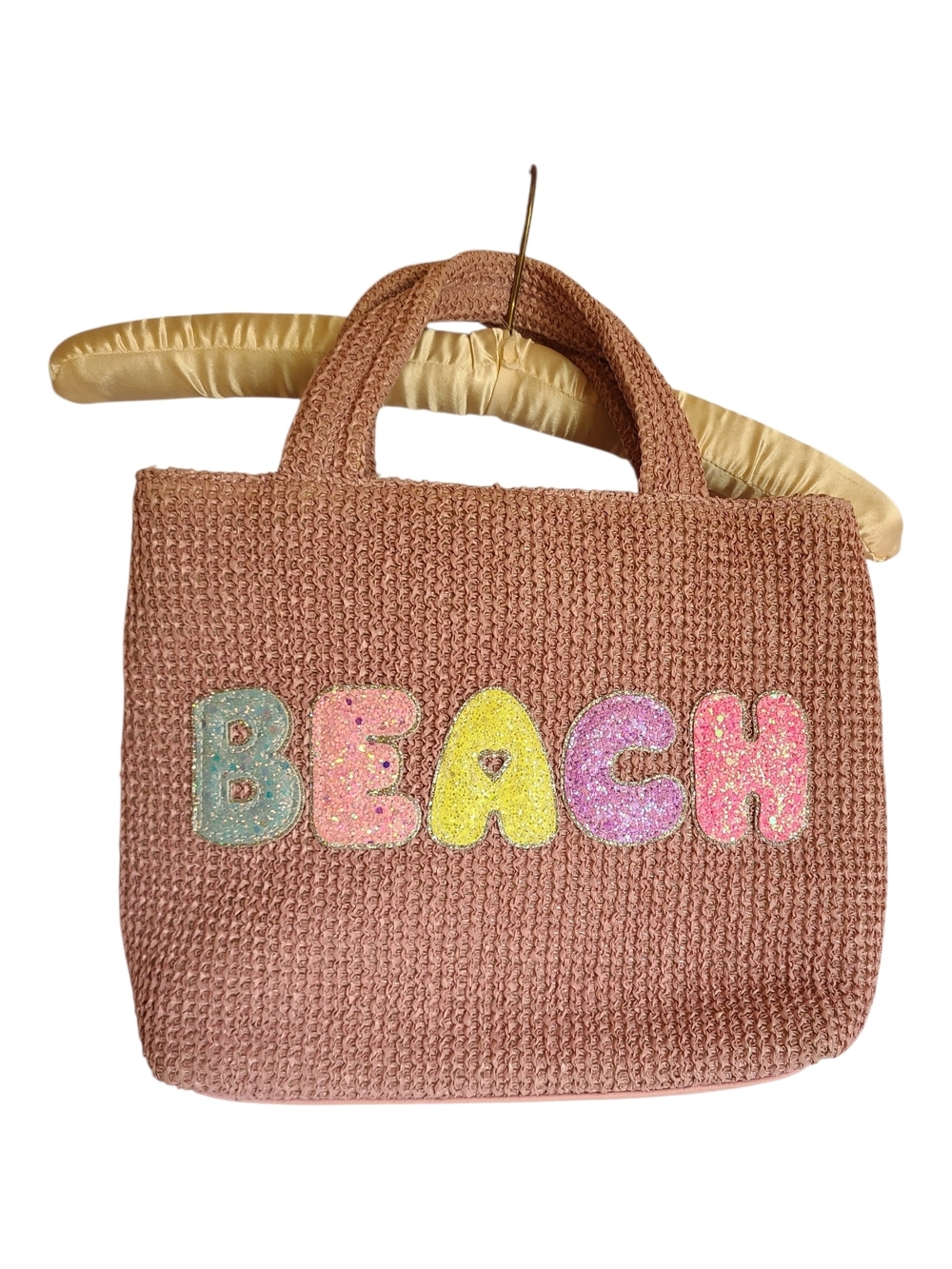 Miss Gwen's OMG Accessories Pink Woven Beach Tote Bag Glitter Letters